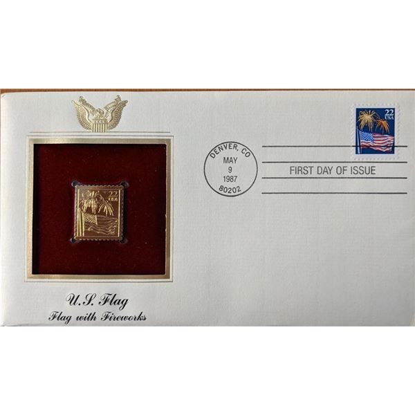 US Flag Flag With Fireworks Gold Stamp Replica First Day Cover