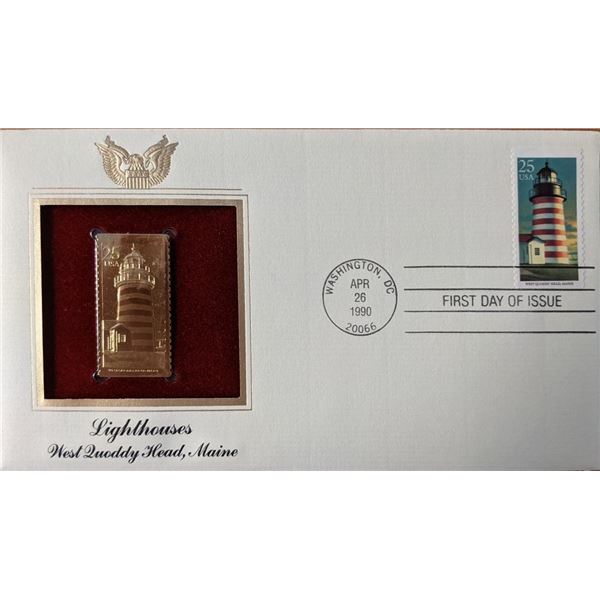 Lighthouses West Quoddy Head, Maine Gold Stamp Replica First Day Cover