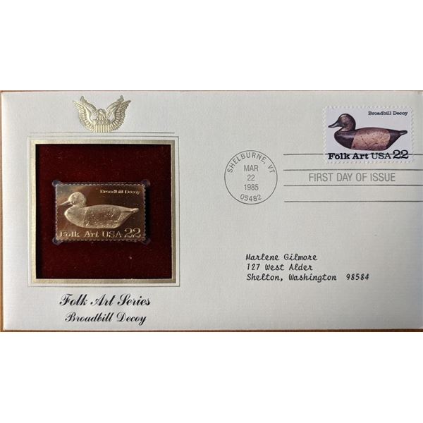 Folk Art Series Broadbill Decoy Gold Stamp Replica First Day Cover
