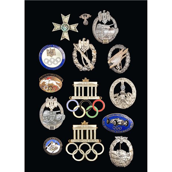 13 WWII GERMAN BADGES AND ENAMEL PINS.