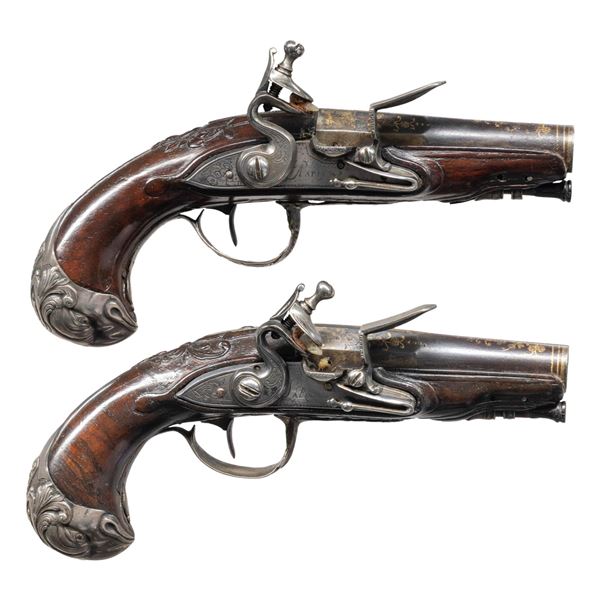 BEAUTIFUL PAIR OF SILVER MOUNTED POCKET PISTOLS BY