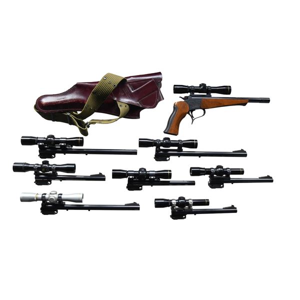 TC CONTENDER SINGLE SHOT PISTOL W/ 7 SPARE BBLS.