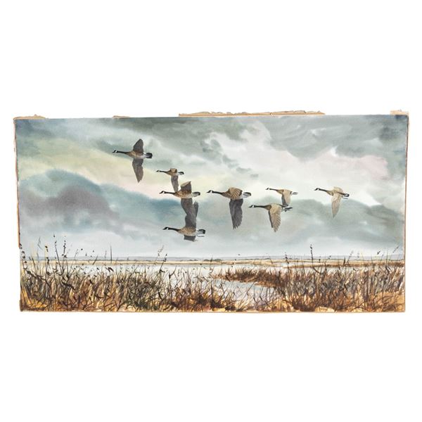 UNFRAMED WATERCOLOR CANADA GEESE BY GERALD PETTIT.