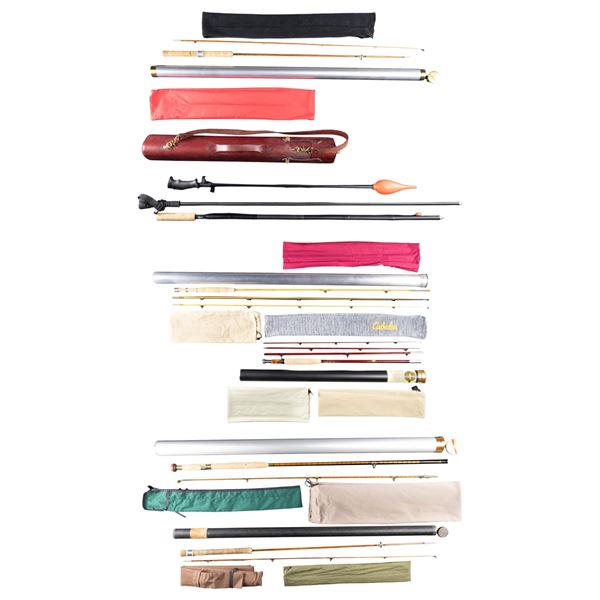 GROUP OF FISHING RODS & WADING STICKS.