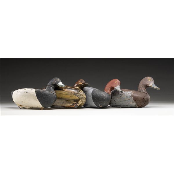4 OLD DECOYS - PR OF REDHEADS & PR OF BLUEBILLS.