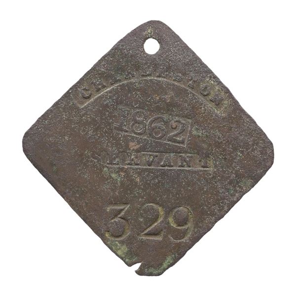 CIVIL WAR DATED SLAVE HIRE TAG, CHARLESTON,