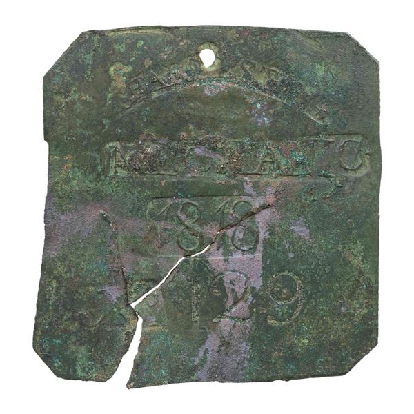 SLAVE HIRE TAG, CHARLESTON, MECHANIC, 1818.