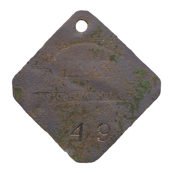 SLAVE HIRE TAG, CHARLESTON, MECHANIC, 1843.