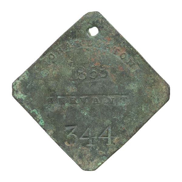 SLAVE HIRE TAG, CHARLESTON, SERVANT, 1858.