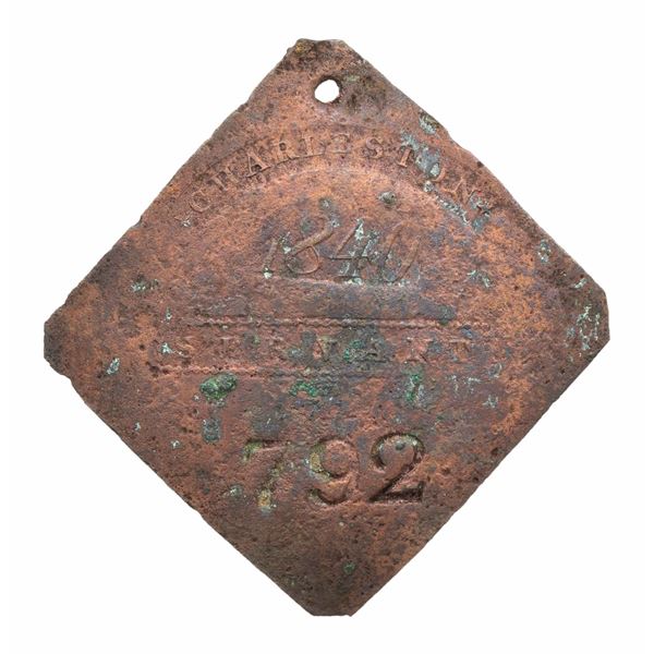 SLAVE HIRE TAG, CHARLESTON, SERVANT, 1840.