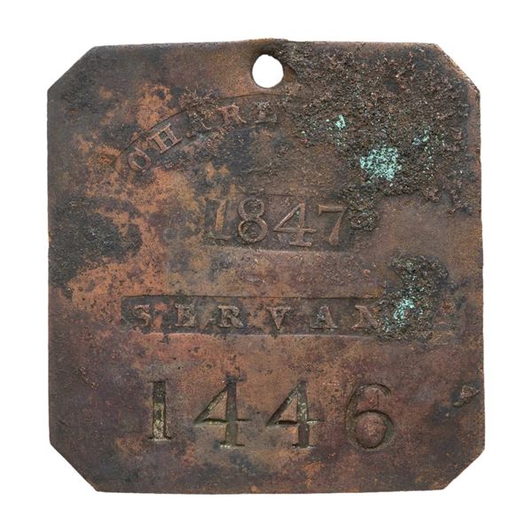 SLAVE HIRE TAG, CHARLESTON, SERVANT, 1847.