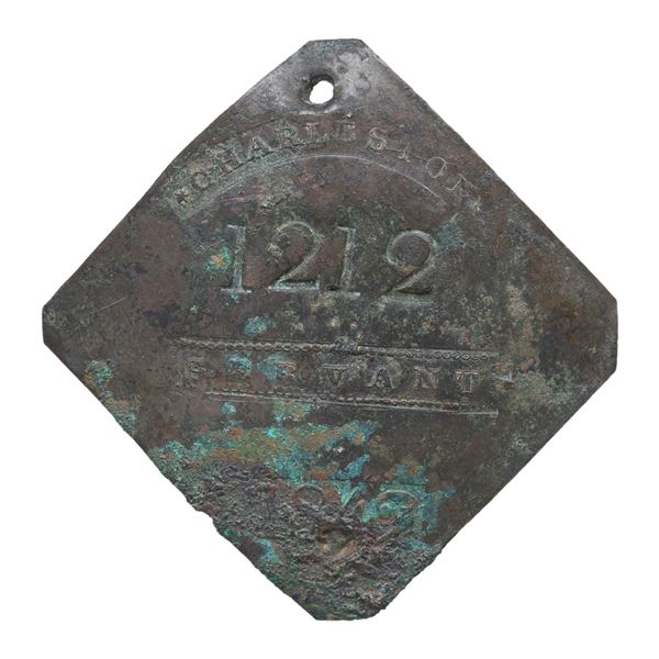 SLAVE HIRE TAG, CHARLESTON, SERVANT, 1842.