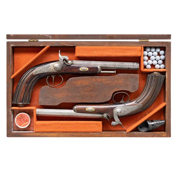 CASED SET OF BELGIAN PERCUSSION TARGET PISTOLS.