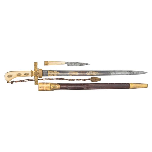 MID-1800s GERMAN HUNTING CUTLASS AND DINING KNIFE.