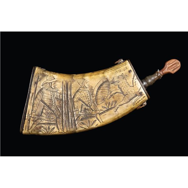 GERMANIC MOULDED POWDER HORN NICELY SCRIMMED.