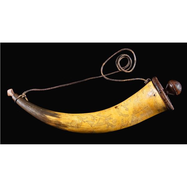 LARGE 18TH CENTURY CARVED POWDER HORN.