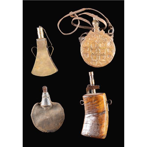 THREE NICELY DECORATED INDO-PERSIAN POWDER FLASKS.