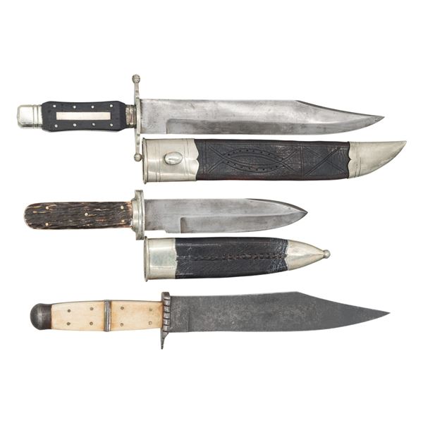 GROUP OF THREE REPRODUCTION BOWIE KNIVES.