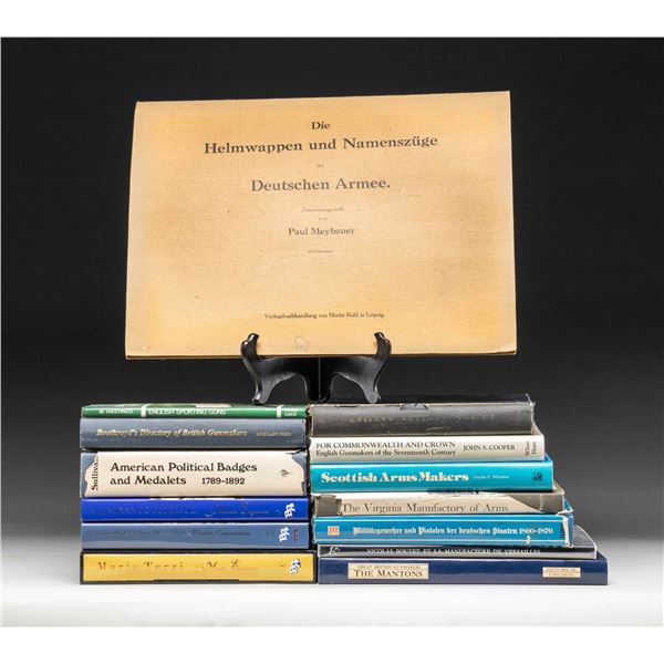 GROUP OF THIRTEEN BOOKS AND FOLDER OF PHOTOGRAPHS.