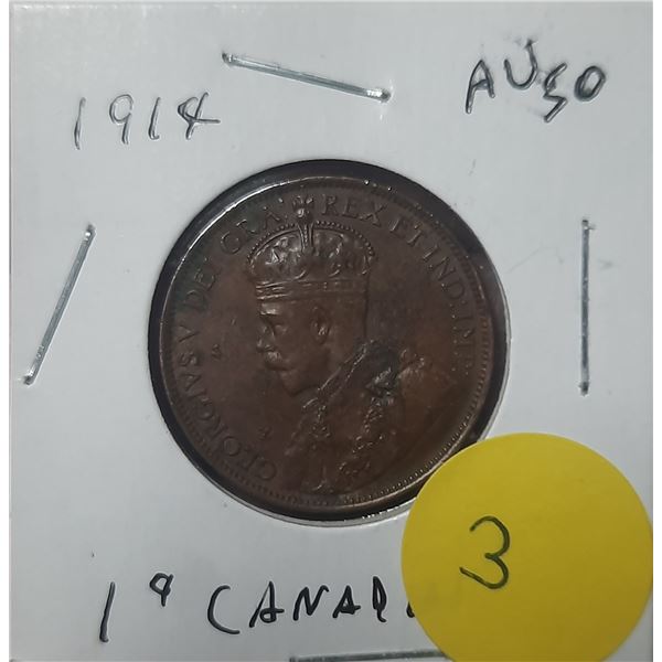 1914 Canadian Large One Cent Coin - AU50