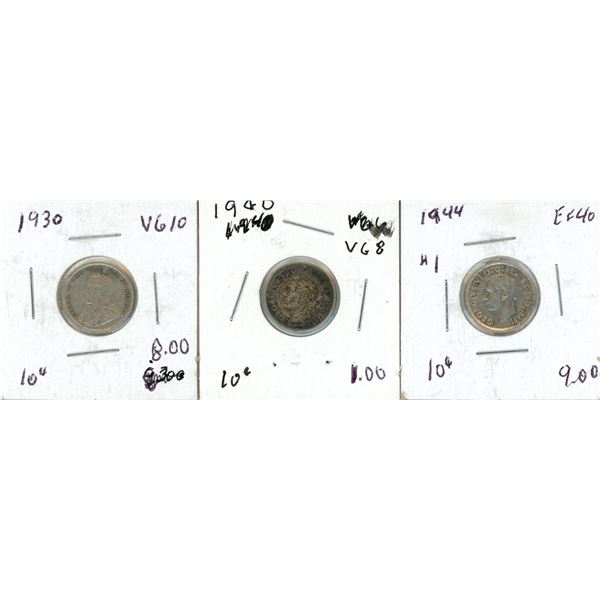 1930 VG10, 1940 VG8, 1944 EF40 Canadian 10 Cents Coin.