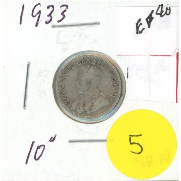 1933 Canada 10 Centts  Coin - EF40.