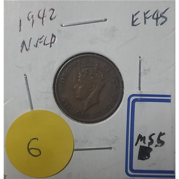 1942 Newfoundland One Cent Coin - EF40.
