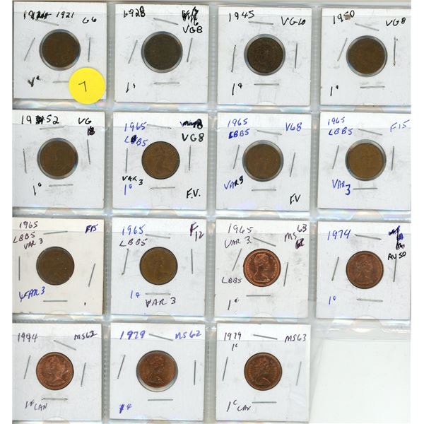 1921, 1928, 1945, 1950, 1952, (6) 1965, (2) 1974, (2) 1979 Canada One Cent Coins.