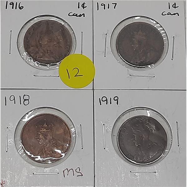 1916-1919 Canada Large One Cent Coins.