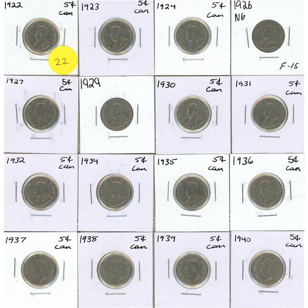1922-1924, 1926 Near 6, 1927, 1929-1932, 1934-1940 Canadian Five Cents Coins. (Total 16 Coins)