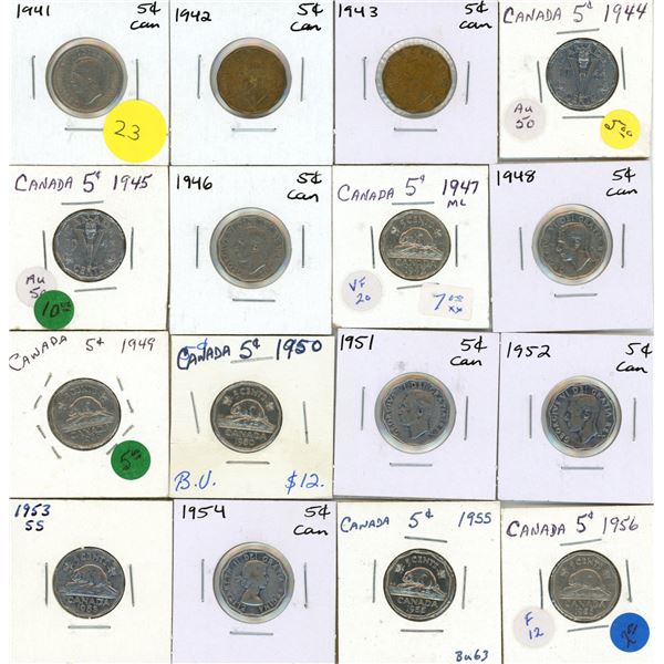 1941-1956 Canadian Five Cents - (1943 Tombac, 1947 ML, 1953 SS) (Total 16 Coins)