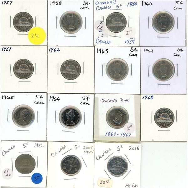 1957-1966, 1967 Rotated Die, 1968, 1986, 2005, 2016 Canadian Five Cents Coins. (Total - 15 Coins)