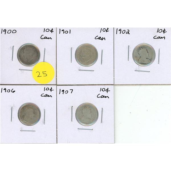 1900, 1901, 1902, 1906, 1907 Canadian Silver 10 Cents Coins.