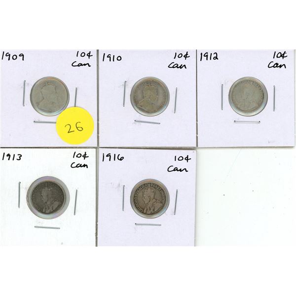 1909, 1910, 1912, 1913, 1916 Canadian Silver 10 Cents Coins.