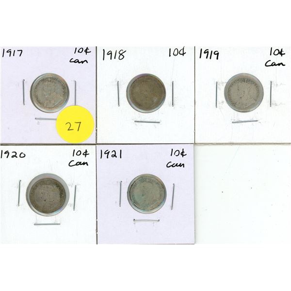 1917-1921 Canadian Silver 10 Cents Coins.