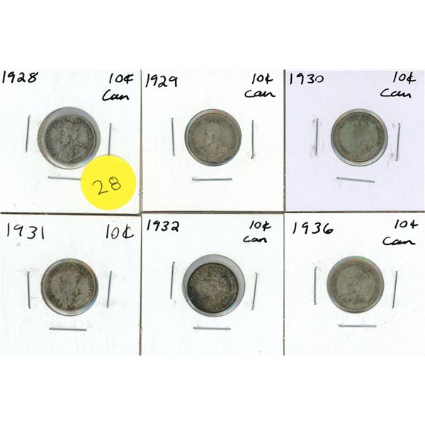 1928-1932, 1936 Canadian Silver 10 Cents Coins.