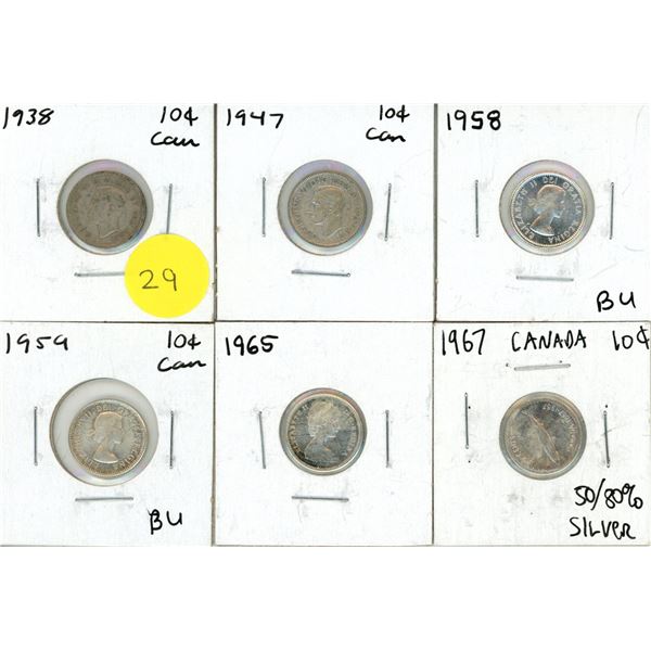 1938, 1947, 1958, 1959, 1965, 1967 Canadian Silver 10 Cents Coins.