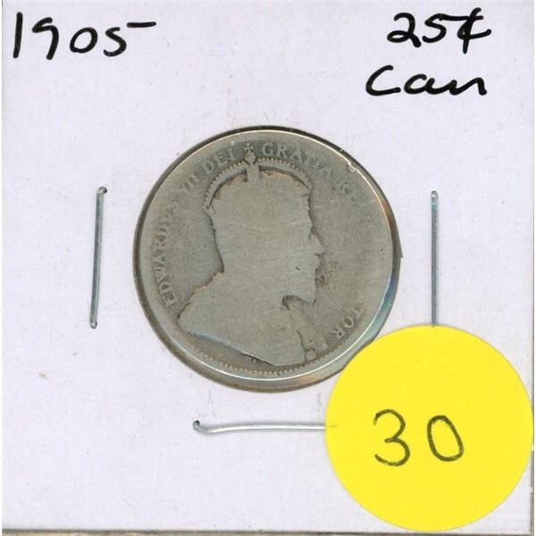 1905 Canadian Silver 25 Cents Coin.