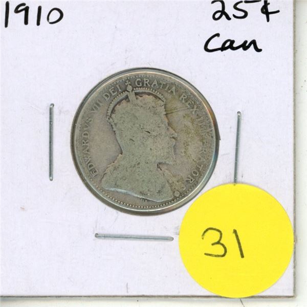 1910 Canadian Silver 25 Cents Coin.
