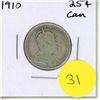 Image 1 : 1910 Canadian Silver 25 Cents Coin.