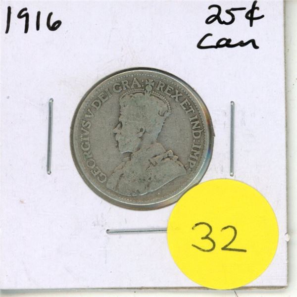1916 Canadian Silver 25 Cents Coin.