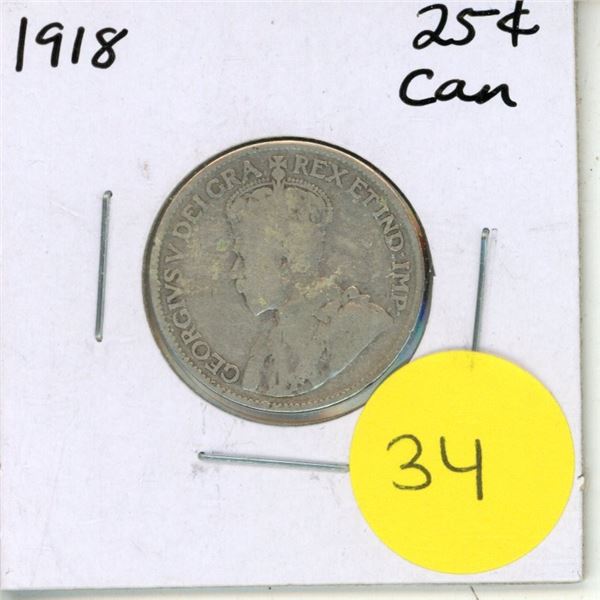 1918 Canadian Silver 25 Cents Coin.