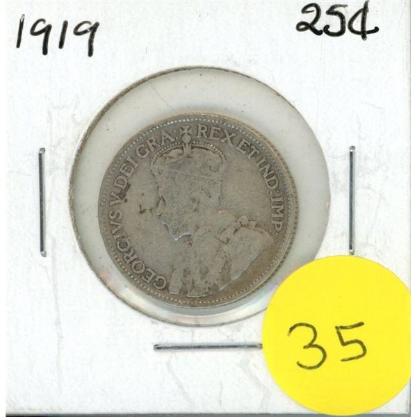1919 Canadian Silver 25 Cents Coin.
