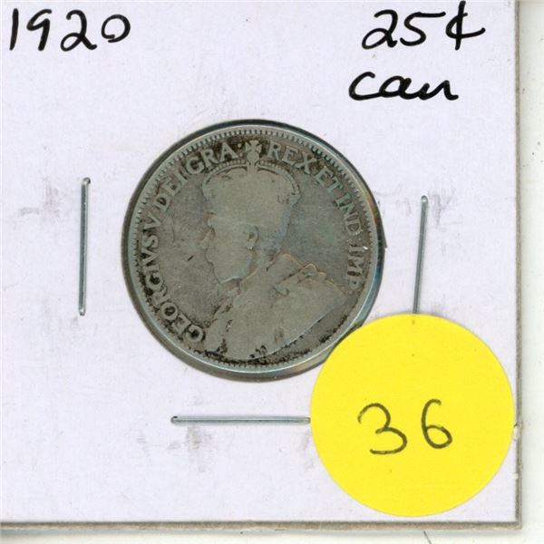 1920 Canadian Silver 25 Cents Coin.