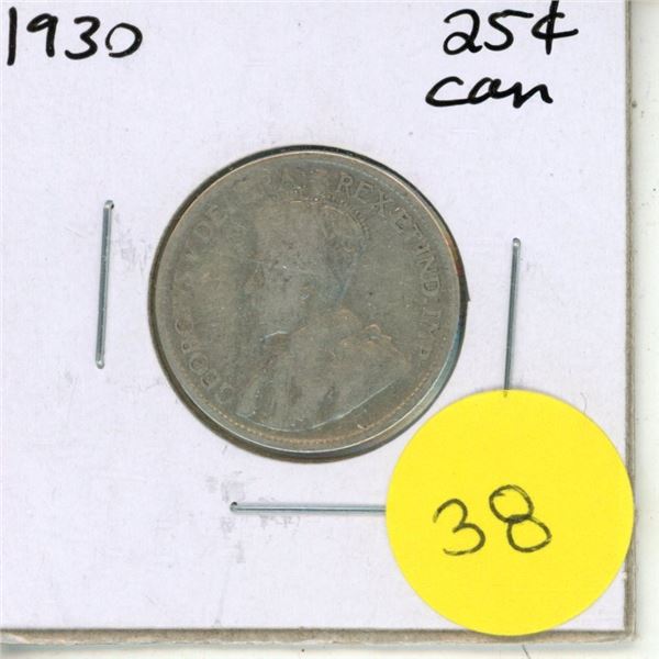 1930 Canadian Silver 25 Cents Coin.