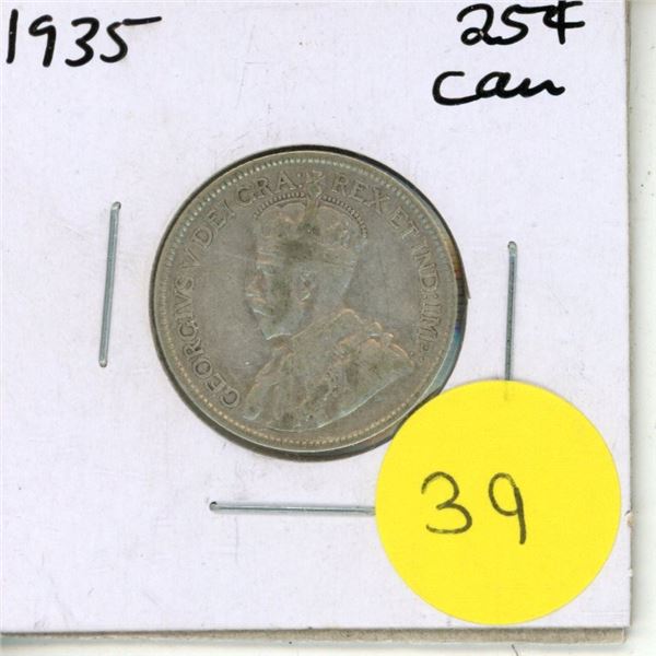 1935 Canadian Silver 25 Cents Coin.