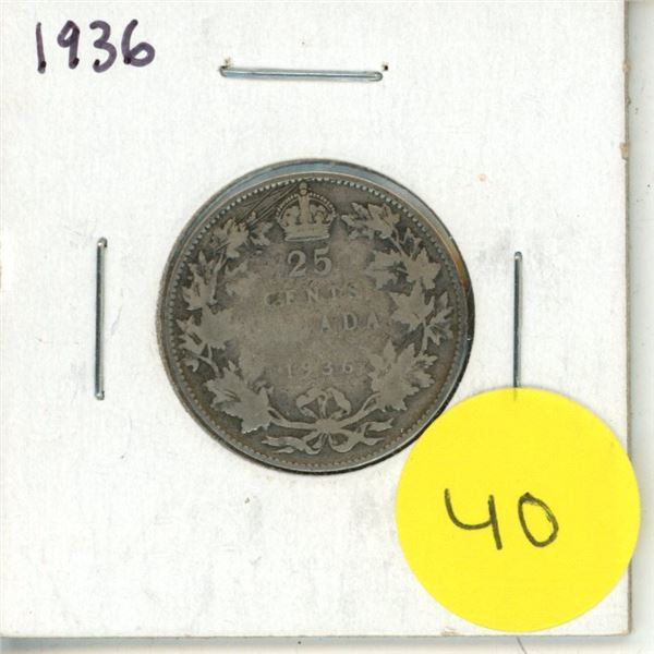 1936 Canadian Silver 25 Cents Coin.