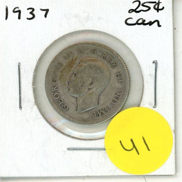 1937 Canadian Silver 25 Cents Coin.