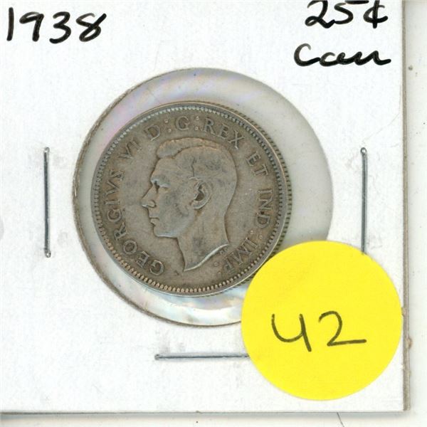 1938 Canadian Silver 25 Cents Coin.