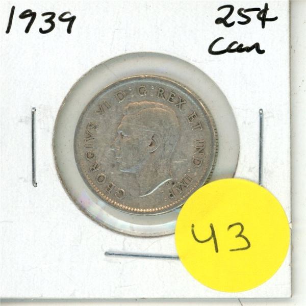 1939 Canadian Silver 25 Cents Coin.